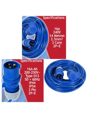 16A Heavy-Duty 14m Blue Extension Cord – 2.5mm², 240V, 3‑Pin