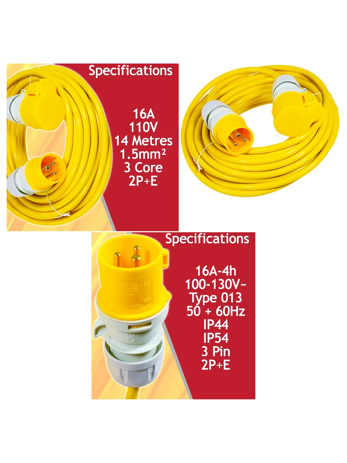 16A Heavy‑Duty 14m Yellow Extension Cord – 1.5mm², 110V, 3‑Pin