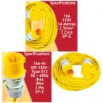 16A Heavy Duty 14m Yellow Extension Cord 2.5mm2 110V 3 Pin