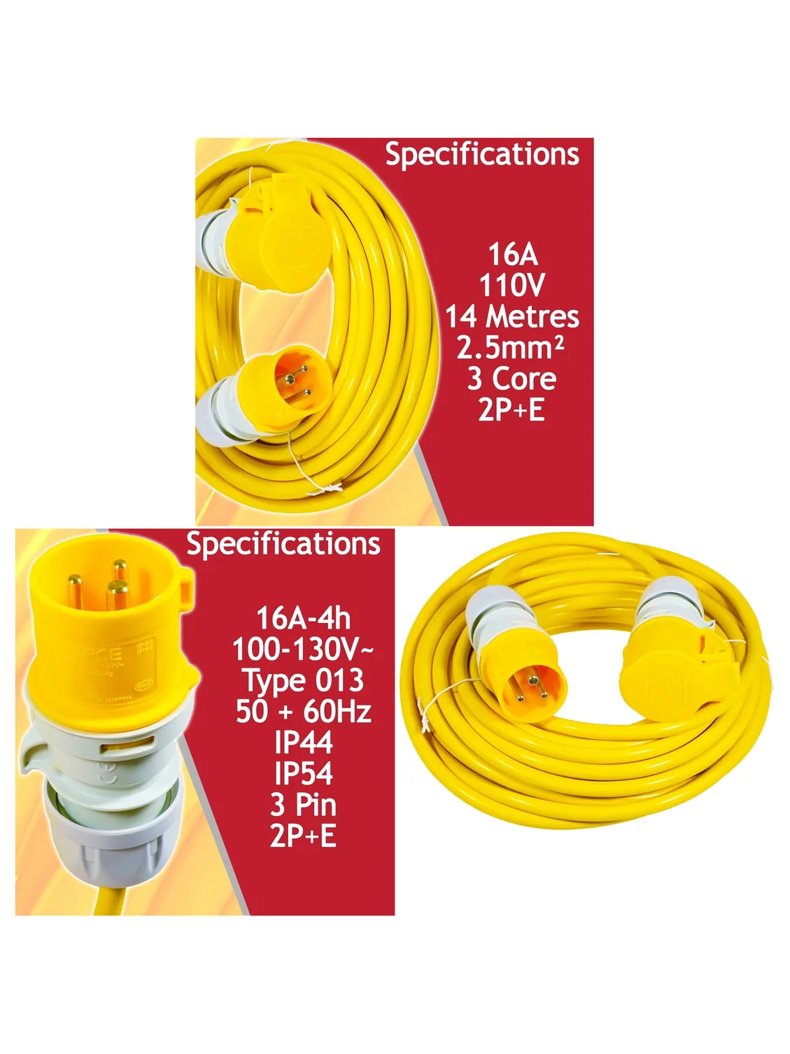16A Heavy Duty 14m Yellow Extension Cord 2.5mm2 110V 3 Pin
