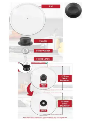 16cm Tempered Glass Cookware Lid with Curved Handle - Replacement Kit