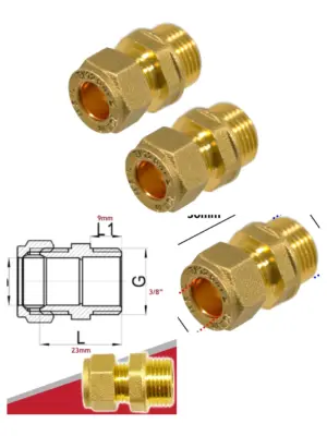 2-Pack 10mm × 3/8 BSP Male Brass Straight Compression Pipe Coupler