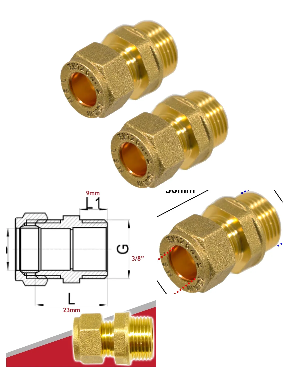 2-Pack 10mm × 3/8 BSP Male Brass Straight Compression Pipe Coupler