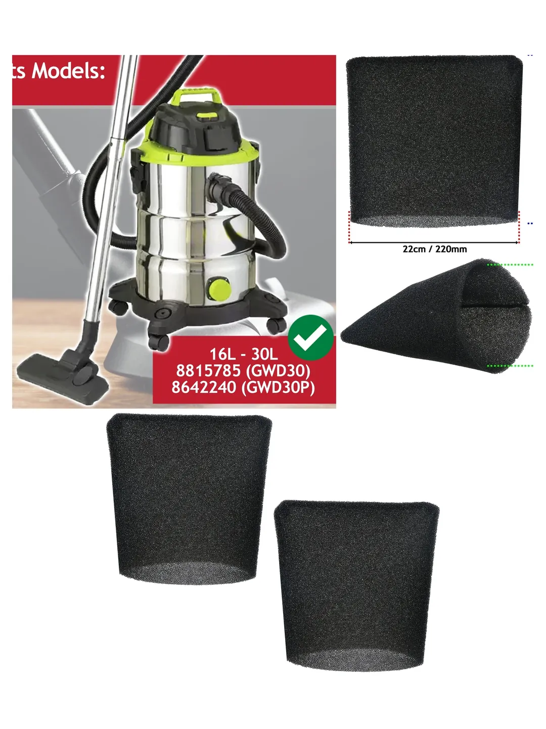 2-Pack 22 cm Foam Filter Sleeve for Guild 16L/30L Wet‑Dry Vacuums