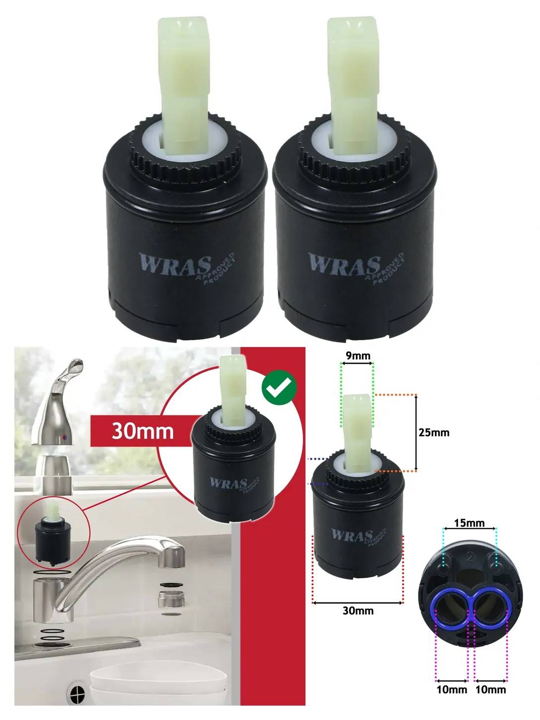 2-Pack 30mm Single-Lever Mixer Tap Cartridge for Sink & Bath
