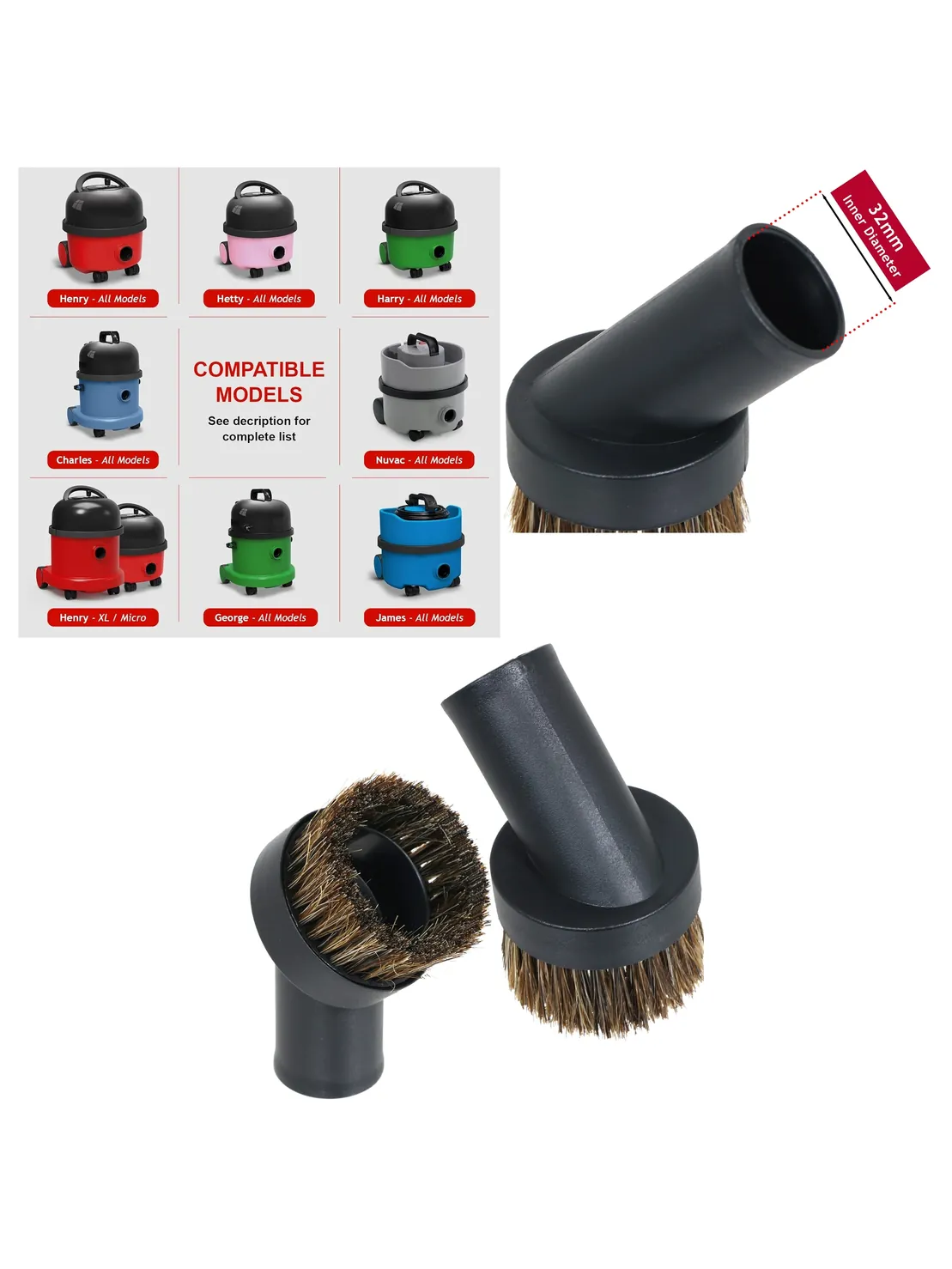 2‑Pack 32mm Horsehair Brush Set for Numatic Henry Hetty Vacuums Hoover