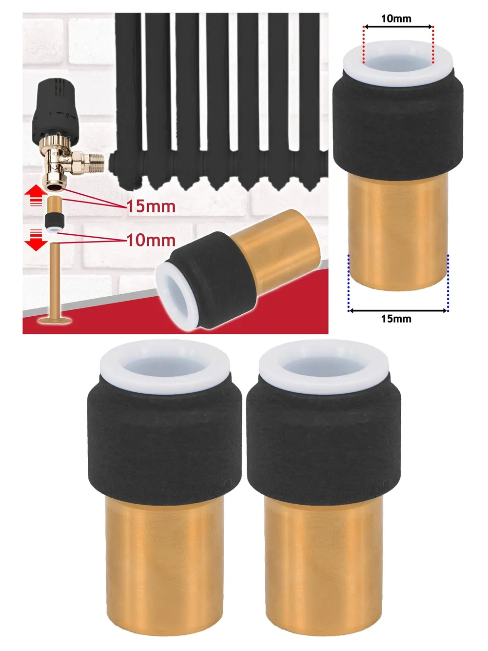 2-Pack Black Push-Fit Radiator Valve 15mm×10mm Reducing Straight Stem
