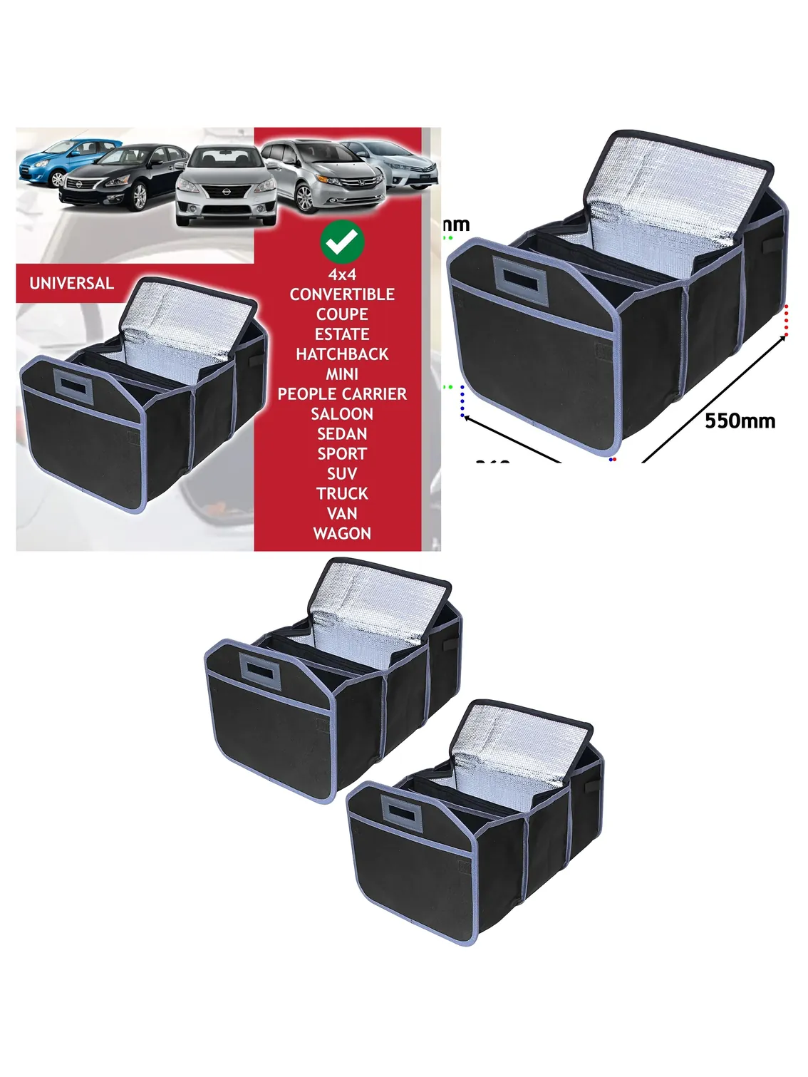 2-Pack Foldable Car Boot Organizer with Cooler Liner 55x36x30cm