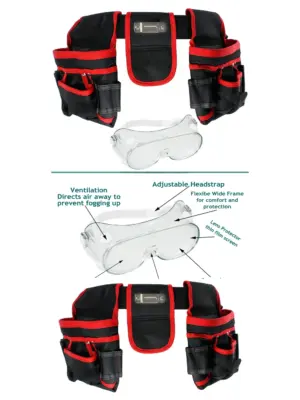 20‑Pocket Double Tool Belt with Screwdriver Pouch & Safety Goggles
