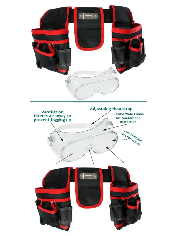 20‑Pocket Double Tool Belt with Screwdriver Pouch & Safety Goggles