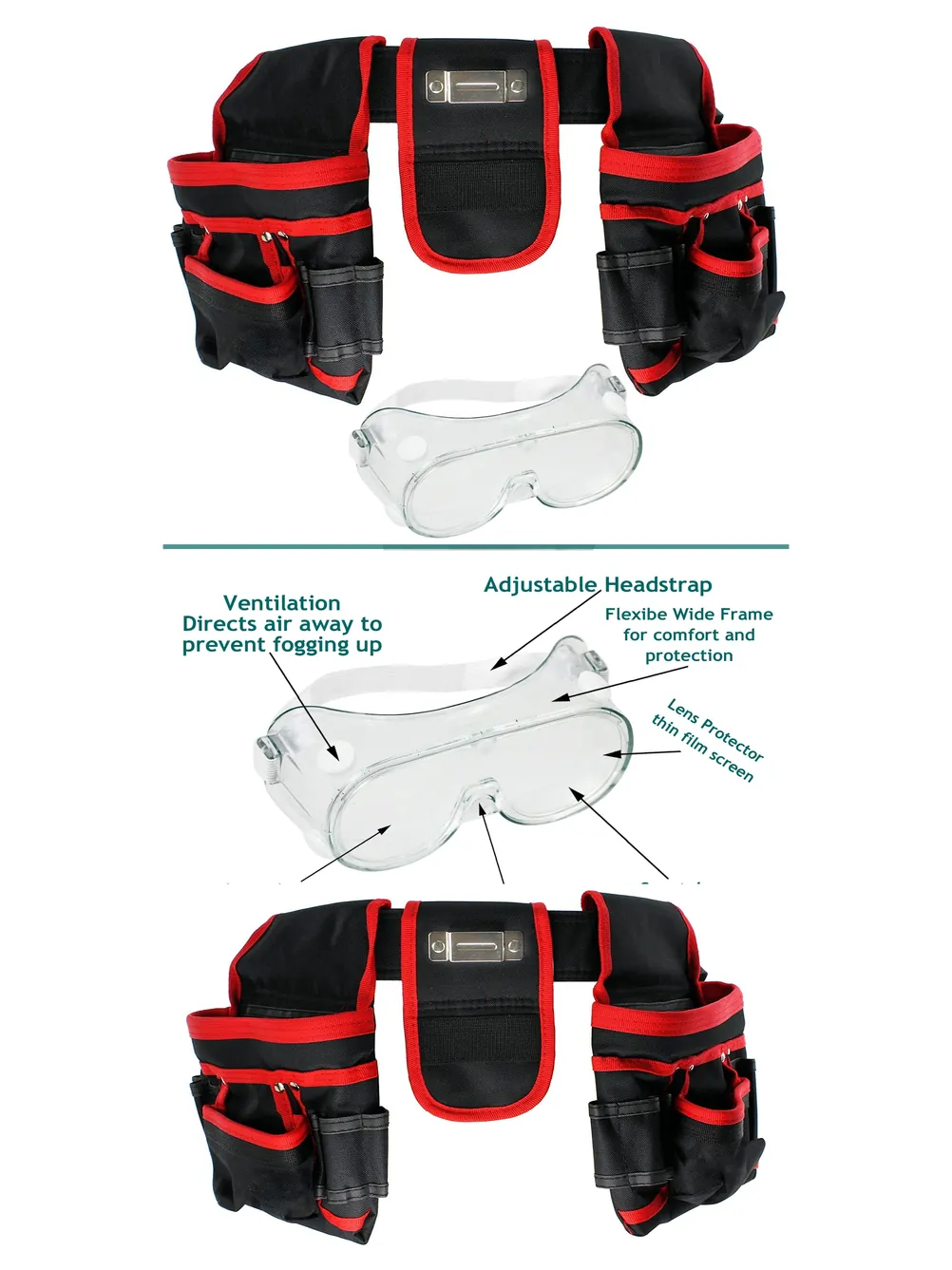 20‑Pocket Double Tool Belt with Screwdriver Pouch & Safety Goggles