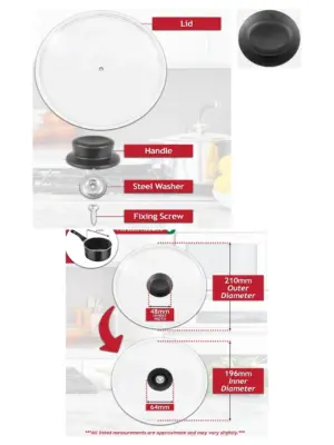 20cm Tempered Glass Cookware Lid with Curved Handle Replacement Kit