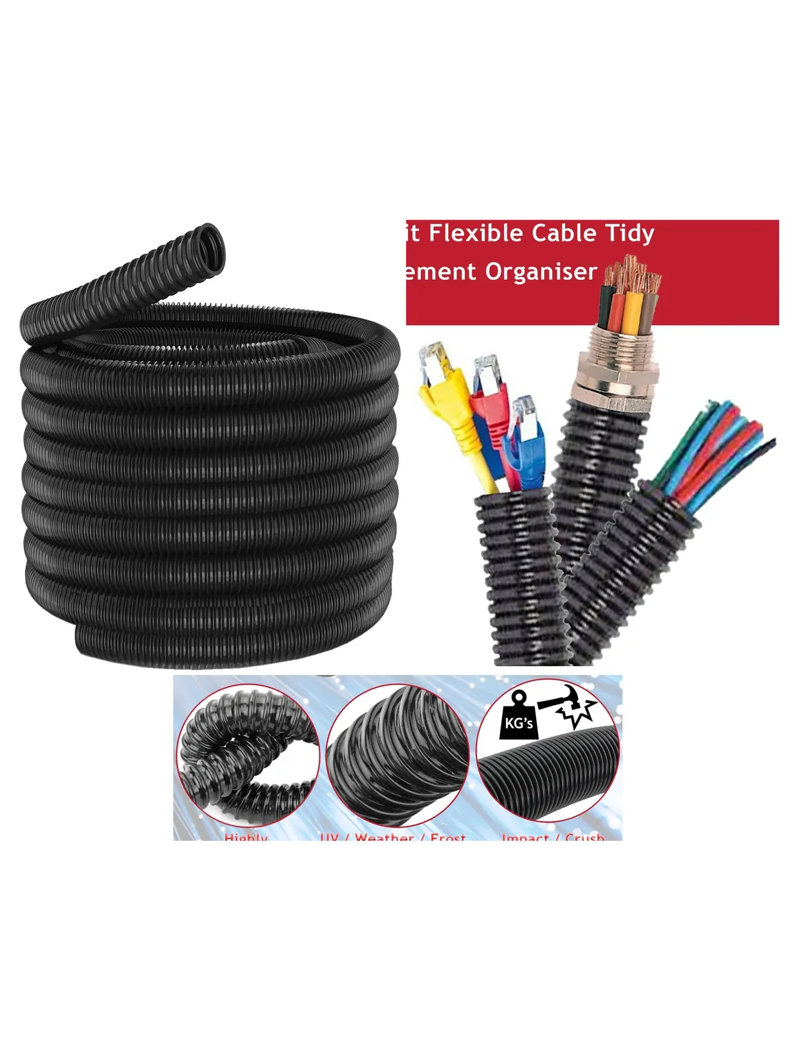 20mm Black Flexible Cable Sleeve – 15m Wire Management Tubing