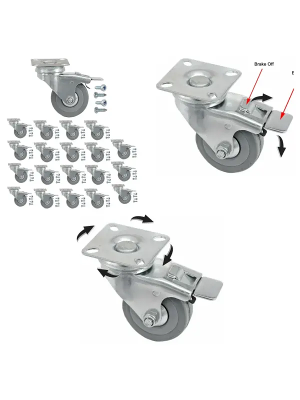 20pcs 50mm Swivel Brake Caster Wheels for Trolleys with Screws