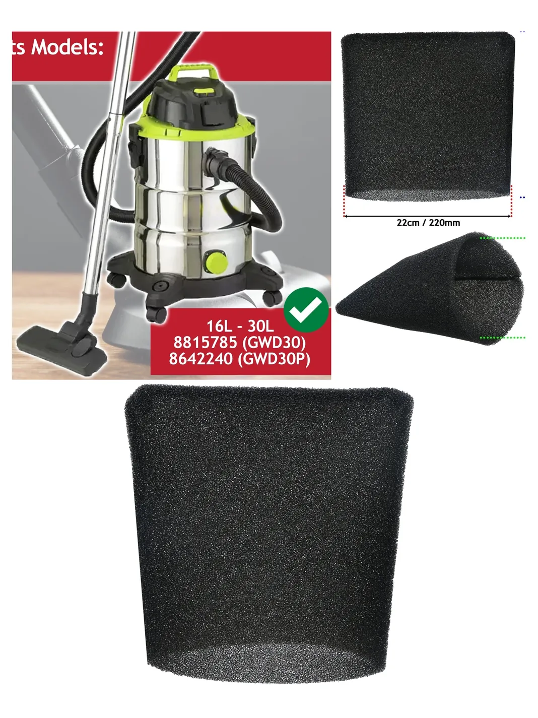 22 cm Foam Filter Sleeve for Guild 16L/30L Wet-Dry Vac GWD30