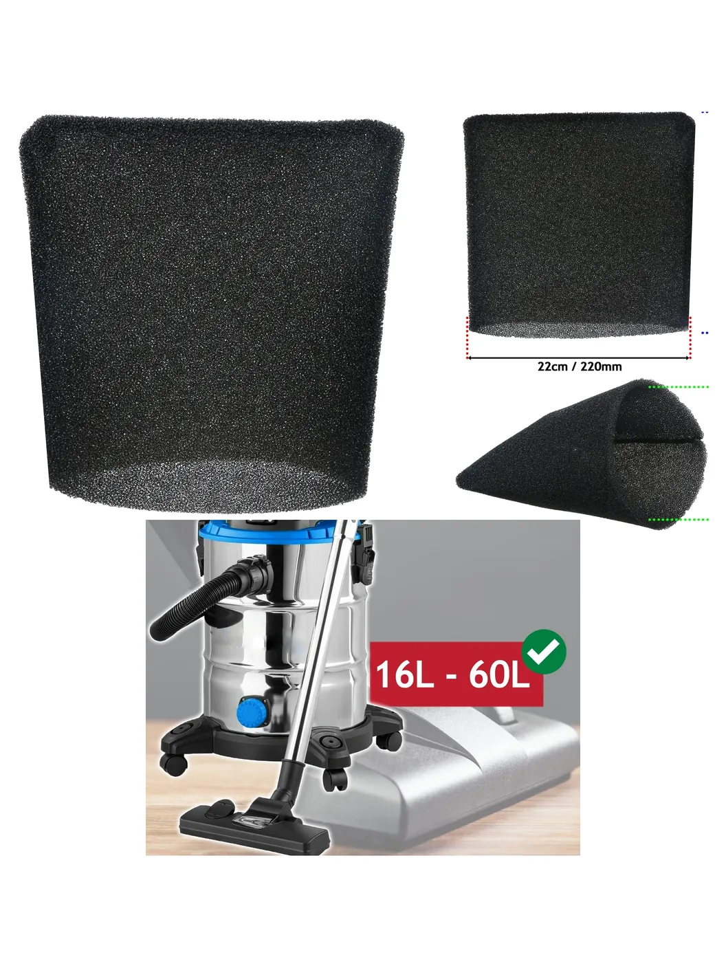 22cm Foam Filter Sleeve for Vacmaster Wet/Dry Vac 16‑60L