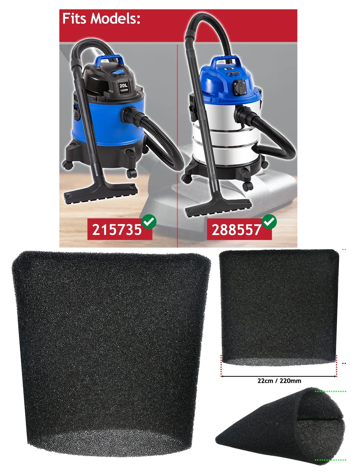 22cm Foam Filter Sleeve for Wickes 20L 1250W Wet‑Dry Vacuum Cleaner