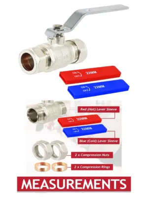 22mm Full Bore Lever Ball Valve Kit – Hot Red & Cold Blue Handles