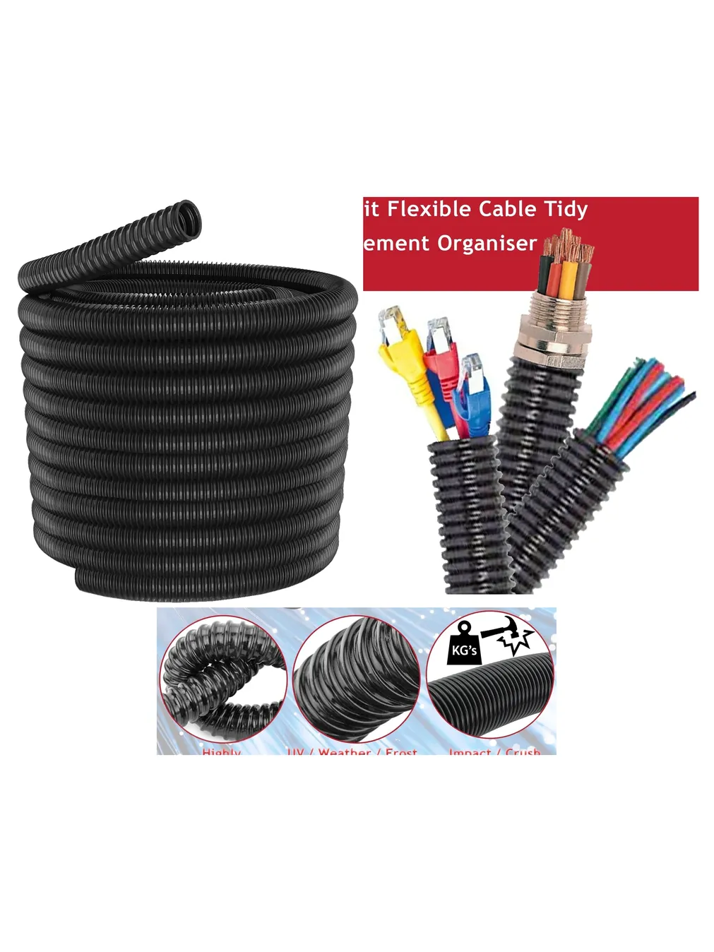 25mm Black Flexible Cable Conduit Sleeve 20m Wire Organizer