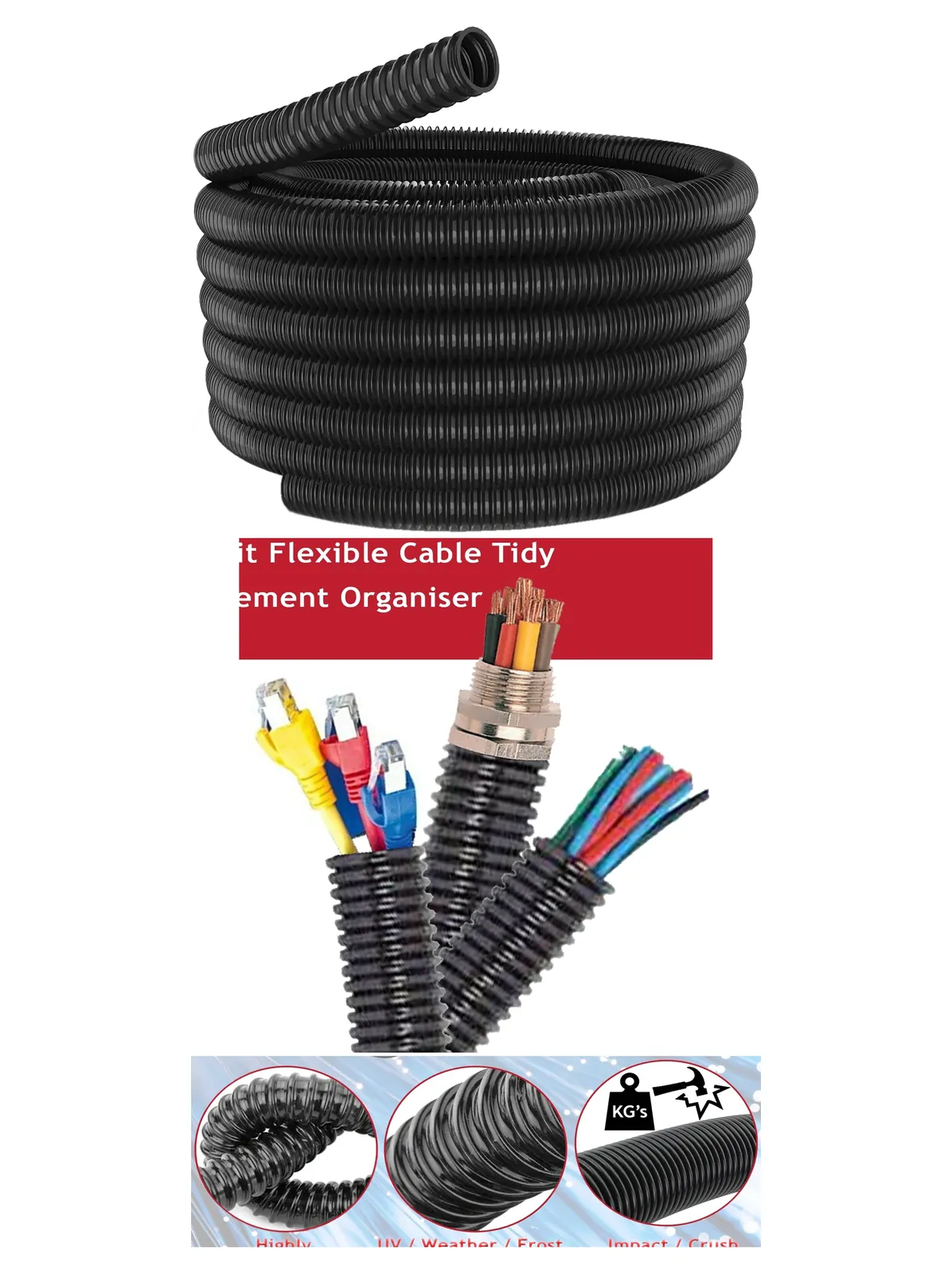 25mm Black Flexible Cable Sleeve – 10m Tidy Conduit for Wiring