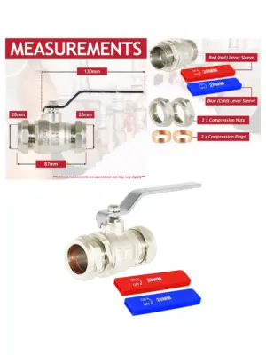 28mm Full Bore Lever Ball Valve Kit – Hot Red & Cold Blue Sleeves