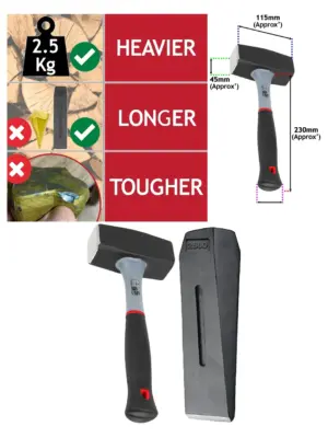 2kg Lump Hammer Club Mallet with 6lb Wood Splitter & 10 Chisel Wedges
