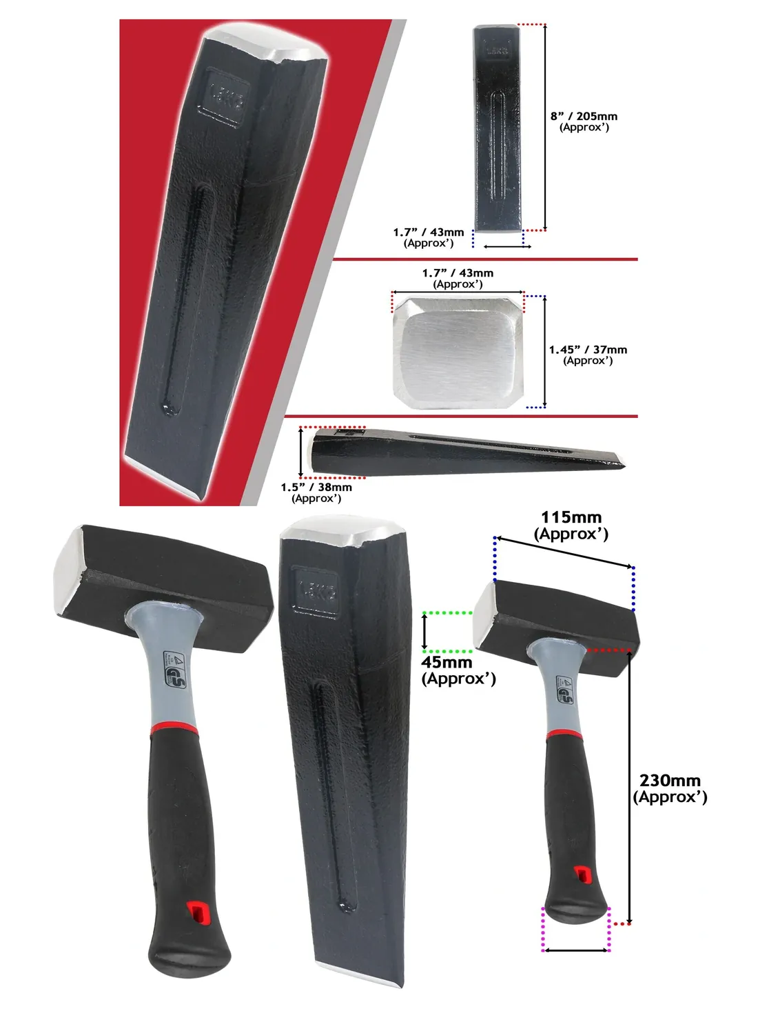2kg Lump Hammer Log Splitter + 1.5kg Chisel Wedge Wood Splitting Kit