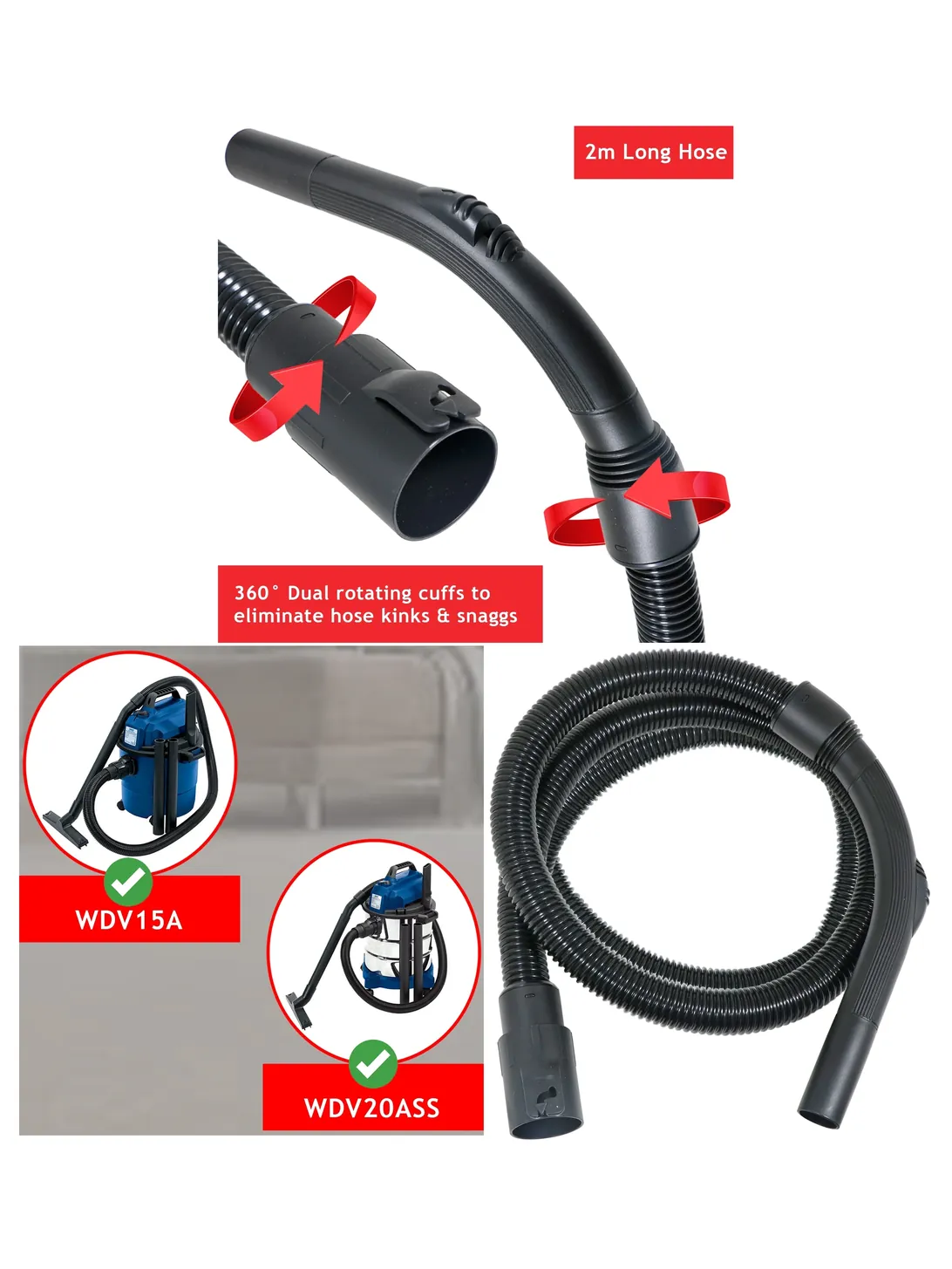 2m Replacement Hose for Draper Wet/Dry Vac WDV15A (15L) & WDV20ASS