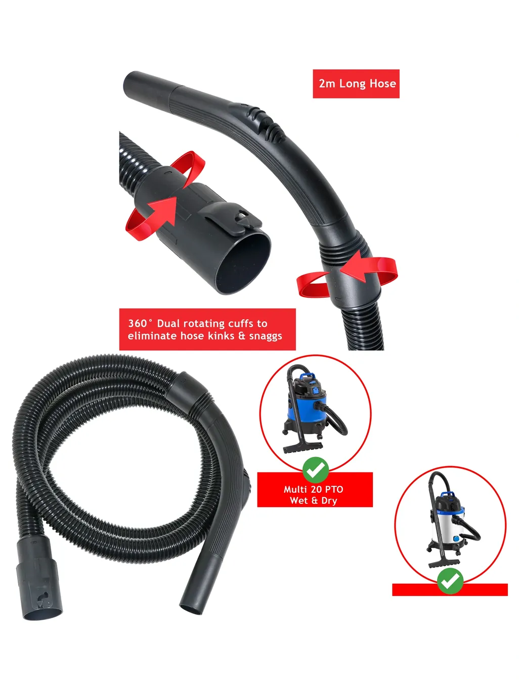 2m Vacmaster Multi 20 Power Wet Dry Vacuum Hose PTO Compatible