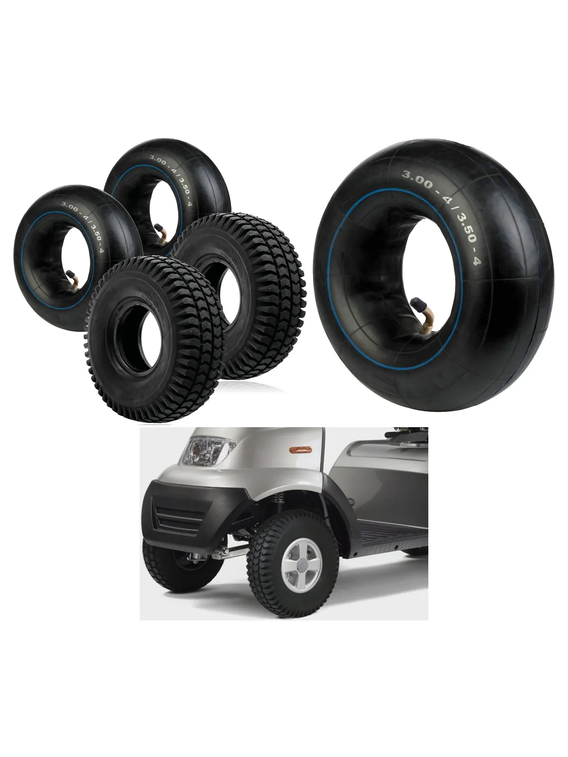 3.00-4 Pneumatic Mobility Scooter Tire Set - 260x85, 4 Rims + 2 Tubes