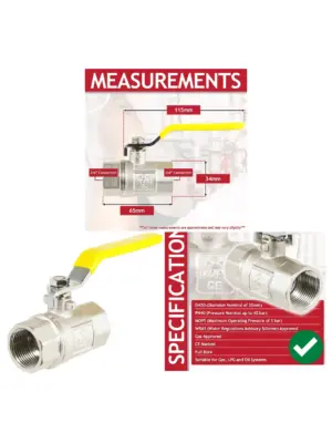 3/4" Brass PN40 Full-Bore Gas Ball Valve with Yellow Lever – Female