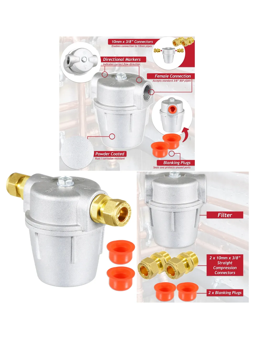 3/8" Inline Boiler Filter for Oil‑Fired with Bowl & 2×10mm Connectors