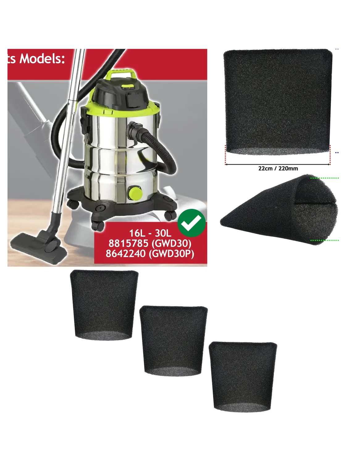3‑Pack 22 cm Foam Filter Sleeves for Guild Wet/Dry Vac 16L‑30L GWD30