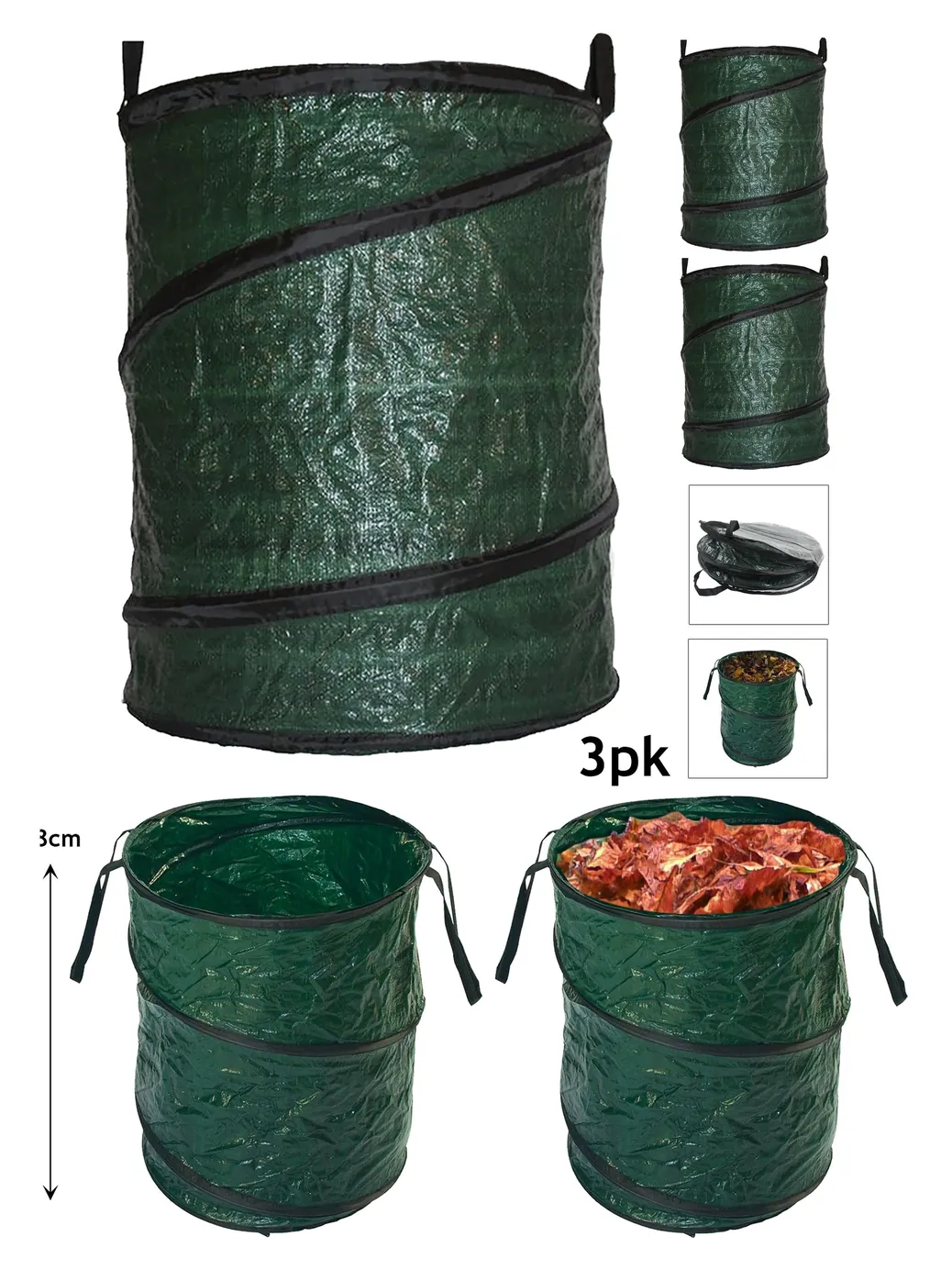 3-Pack Collapsible 90L Waste Bags with Handles - Reusable Trash Sack