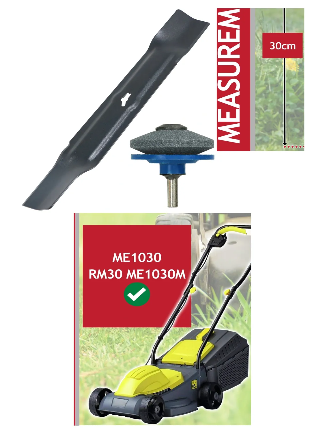 30cm Metal Blade for ME1030 RM30 Lawn Mower + Drill Sharpener