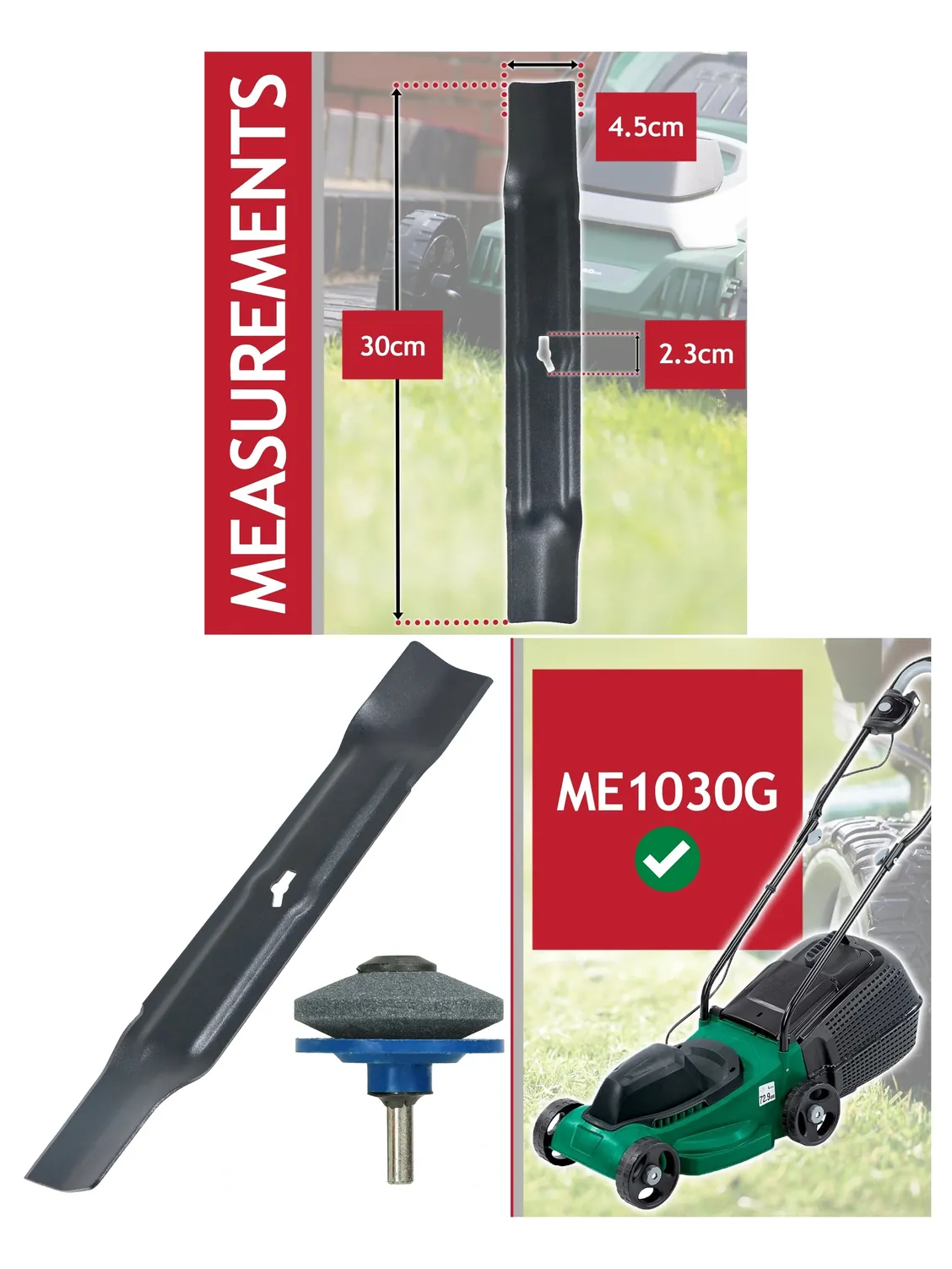 30cm Metal Blade for Ryno ME1030G Lawn Mower + Drill Sharpener