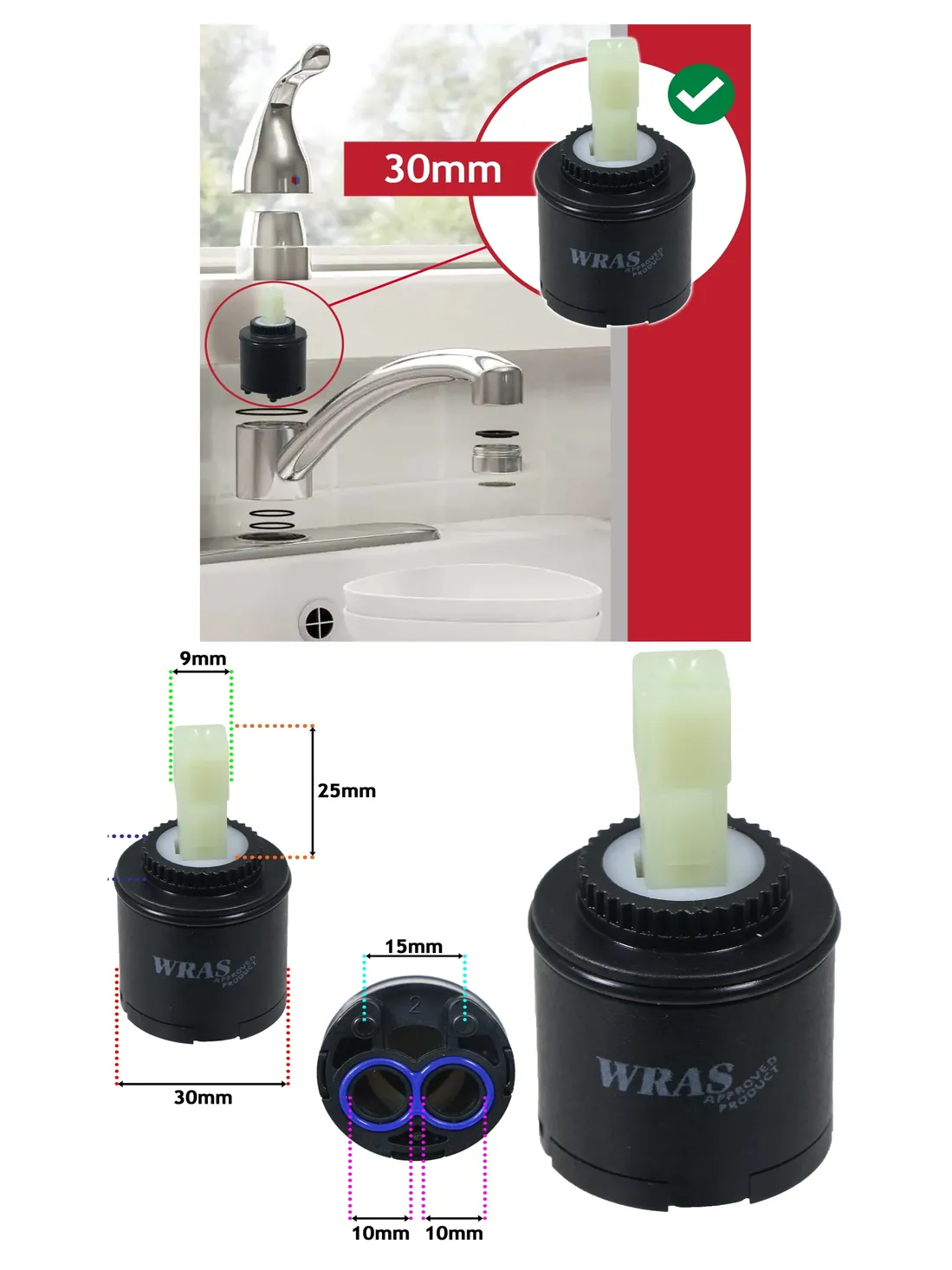 30mm Single-Handle Mixer Cartridge for Sink & Bath – Hot/Cold Valve