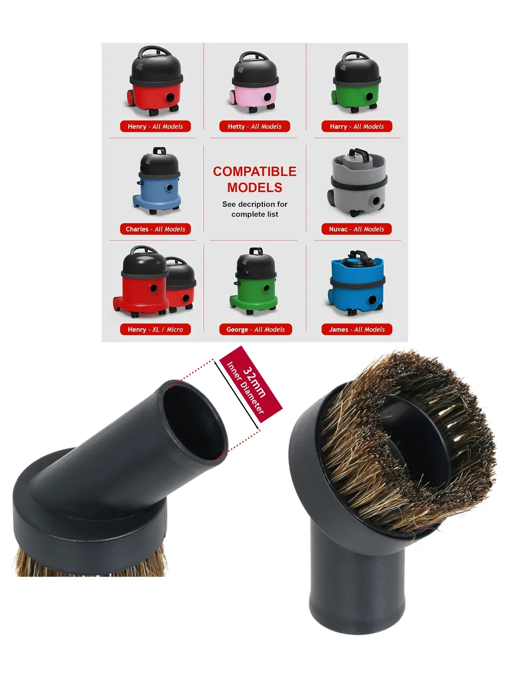 32mm Round Horsehair Brush for Numatic Henry/Hetty HVR200 Vacuum