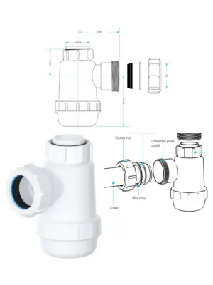 38mm Shallow Waste Bottle Trap for Bathroom, Kitchen & Bidet