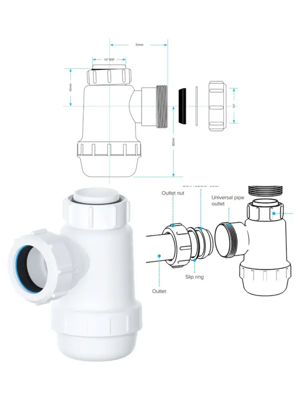 38mm Shallow Waste Bottle Trap for Bathroom, Kitchen & Bidet