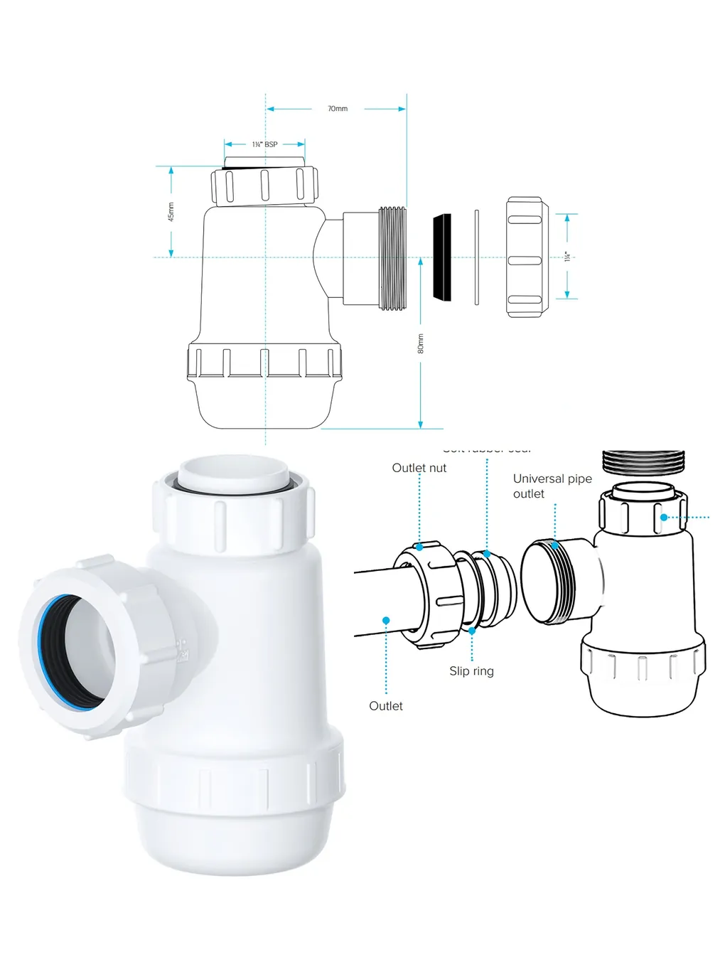 38mm Shallow Waste Bottle Trap for Bathroom, Kitchen & Bidet