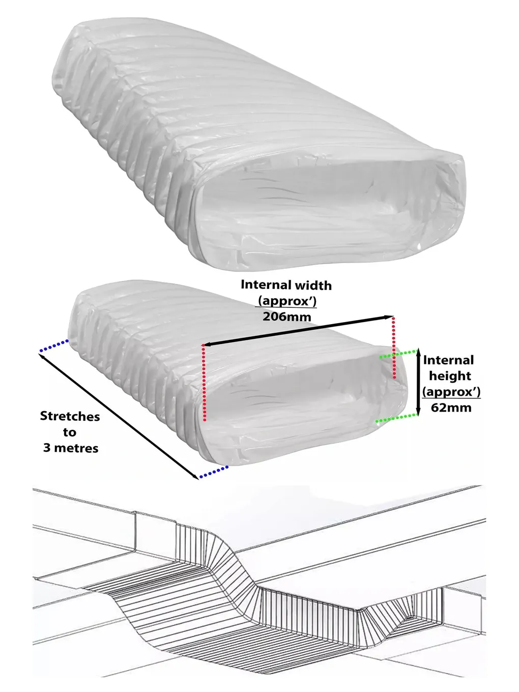 3m PVC Rectangular Vent Hose – 206×62mm Flexible HVAC Duct Pipe