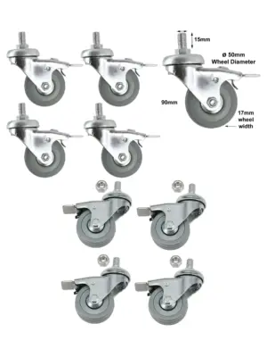 4-Pack 50mm M10 Swivel Casters – Brake, Non-Marking, Bolts Included