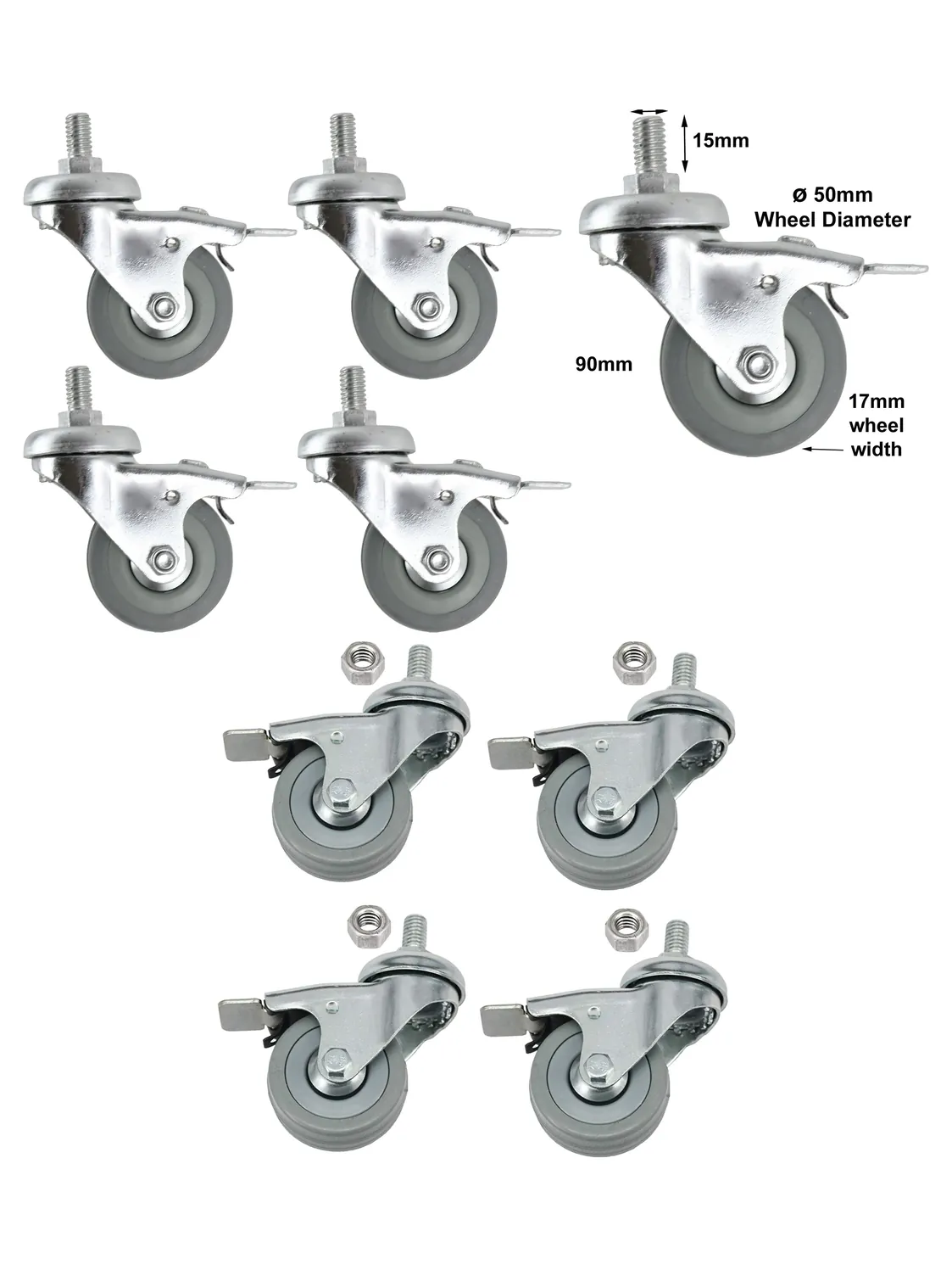 4-Pack 50mm M10 Swivel Casters – Brake, Non-Marking, Bolts Included