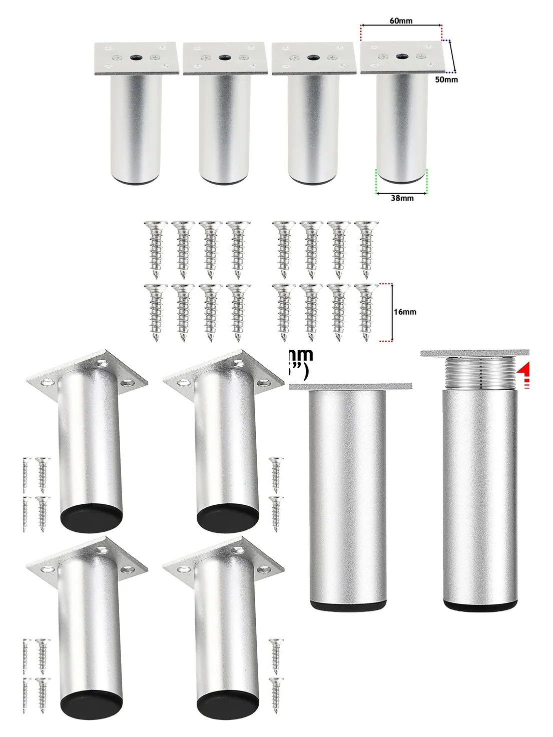 4 Pack Adjustable 4.5" Silver Furniture Riser Legs – Sofa, Bed, Chair
