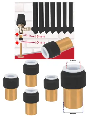 4‑Pack Black Push‑Fit Radiator Valve 15mm×10mm Straight Reducing Stem