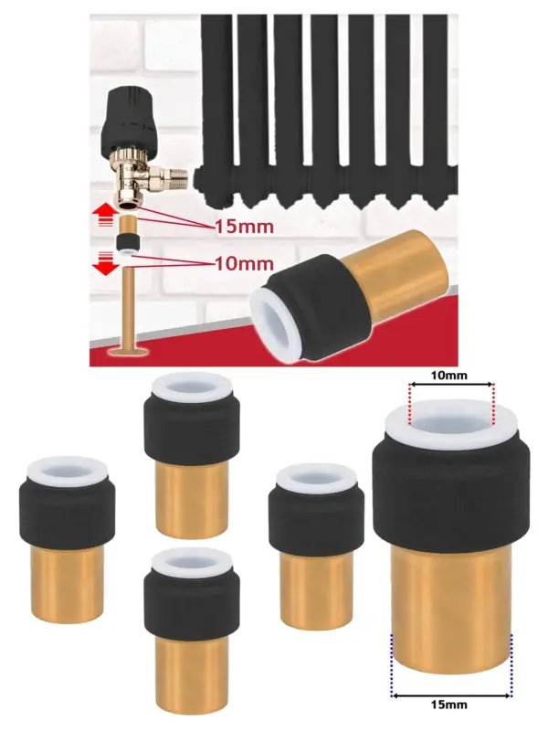 4‑Pack Black Push‑Fit Radiator Valve 15mm×10mm Straight Reducing Stem