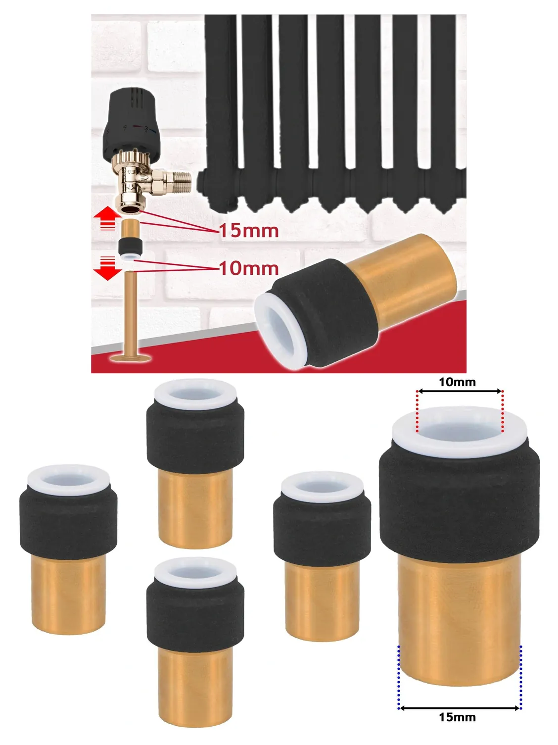 4‑Pack Black Push‑Fit Radiator Valve 15mm×10mm Straight Reducing Stem
