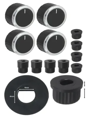 4-Piece Black Universal Oven, Grill & Hob Knob Set with Adaptors