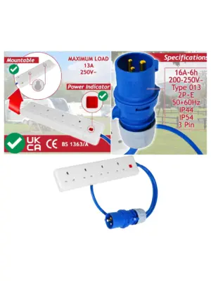 4‑Way 16A to 13A Caravan Power Extension Cable – 1 m RV Hook‑up Lead